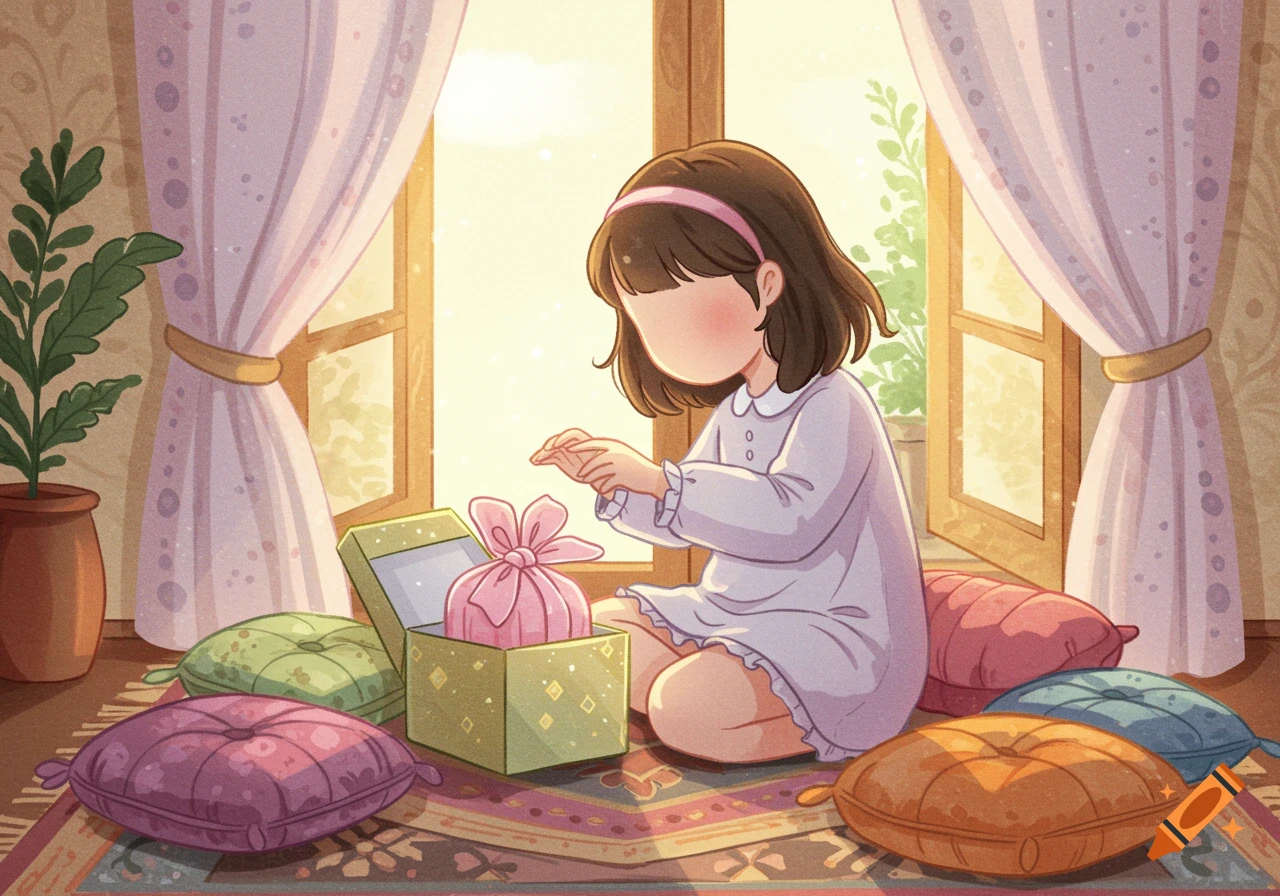 A cartoon watercolor illustration of a faceless young girl in a lavender dress, sitting on a rug by a window, opening a gift box with a pink present inside.