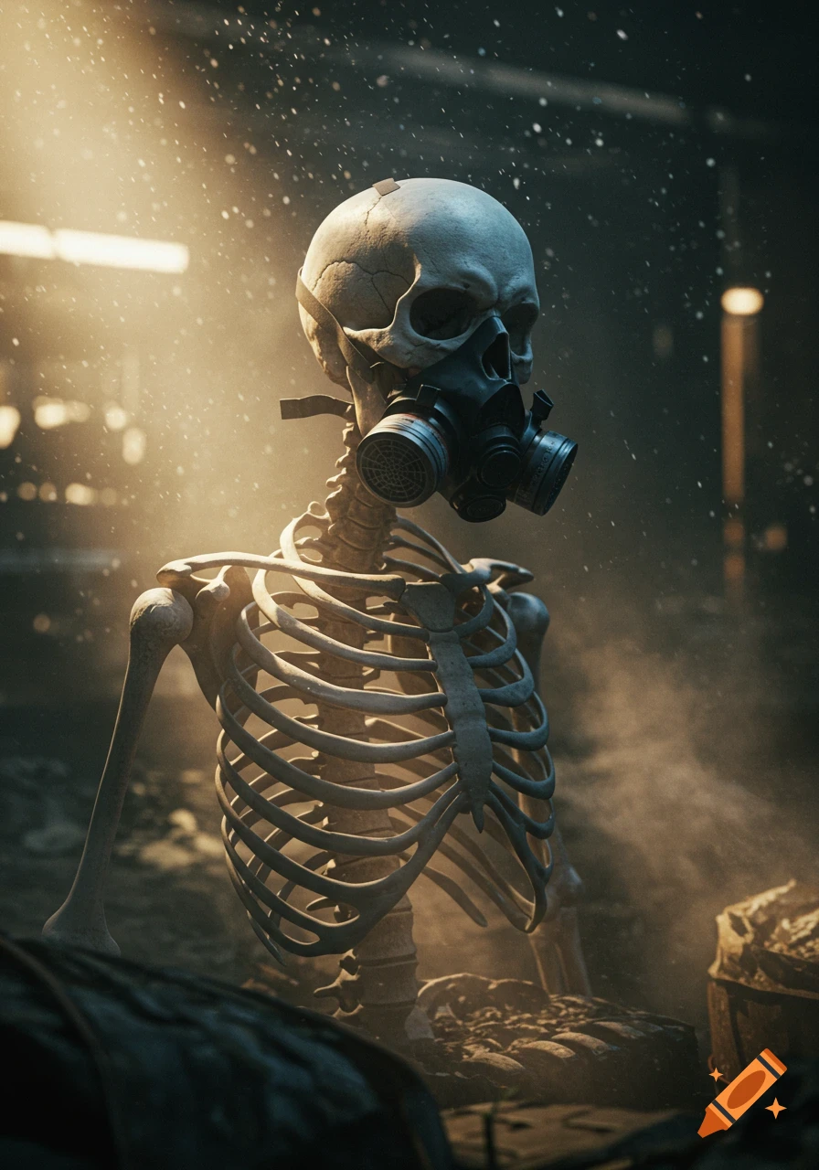 A close-up of a skeleton wearing a gas mask, standing amidst a dusty, debris-filled, post-apocalyptic scene with light rays.