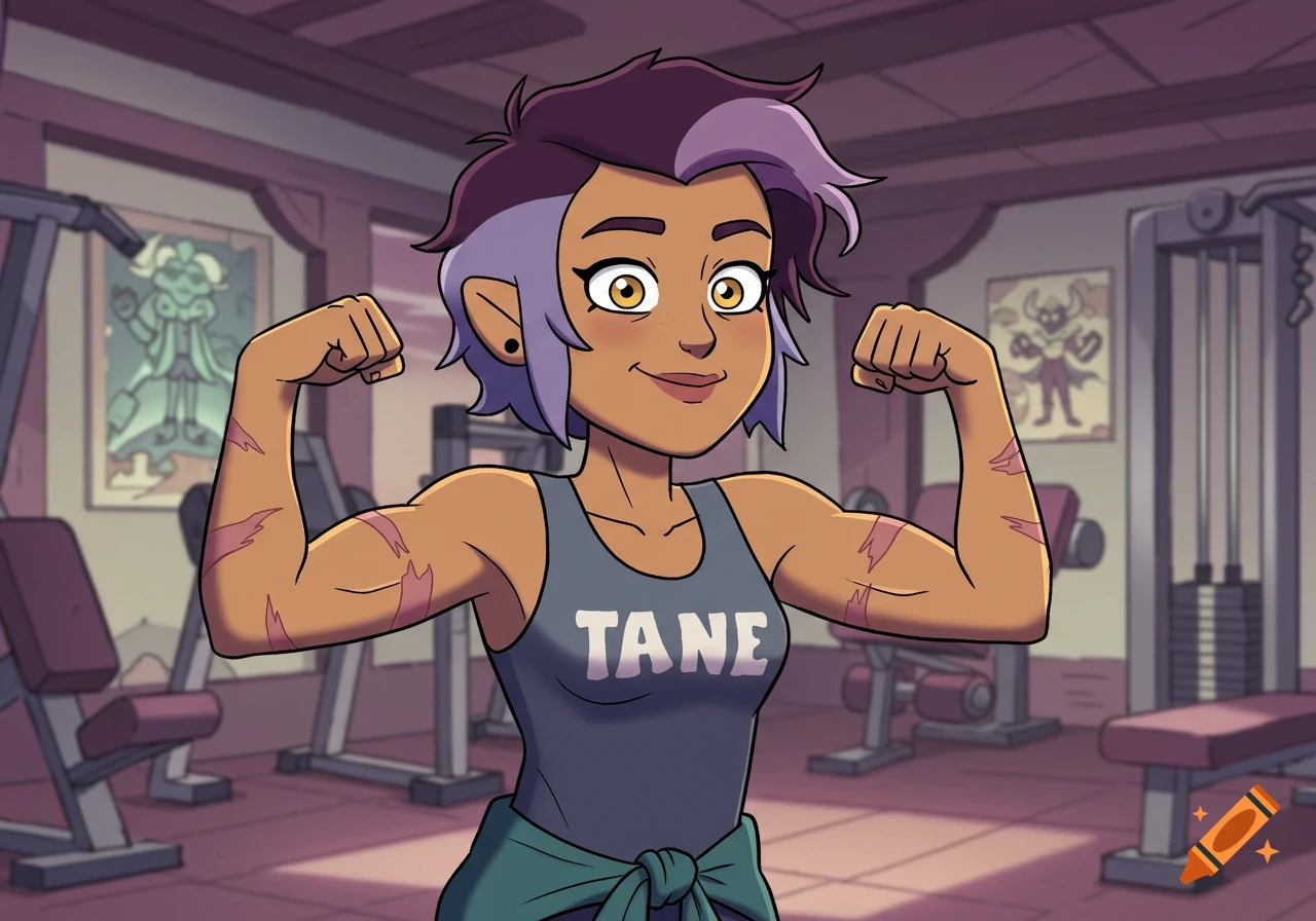 A cartoon character with purple and dark hair, wearing a grey tank top with "TANE" on it, flexes her scarred biceps in a gym.