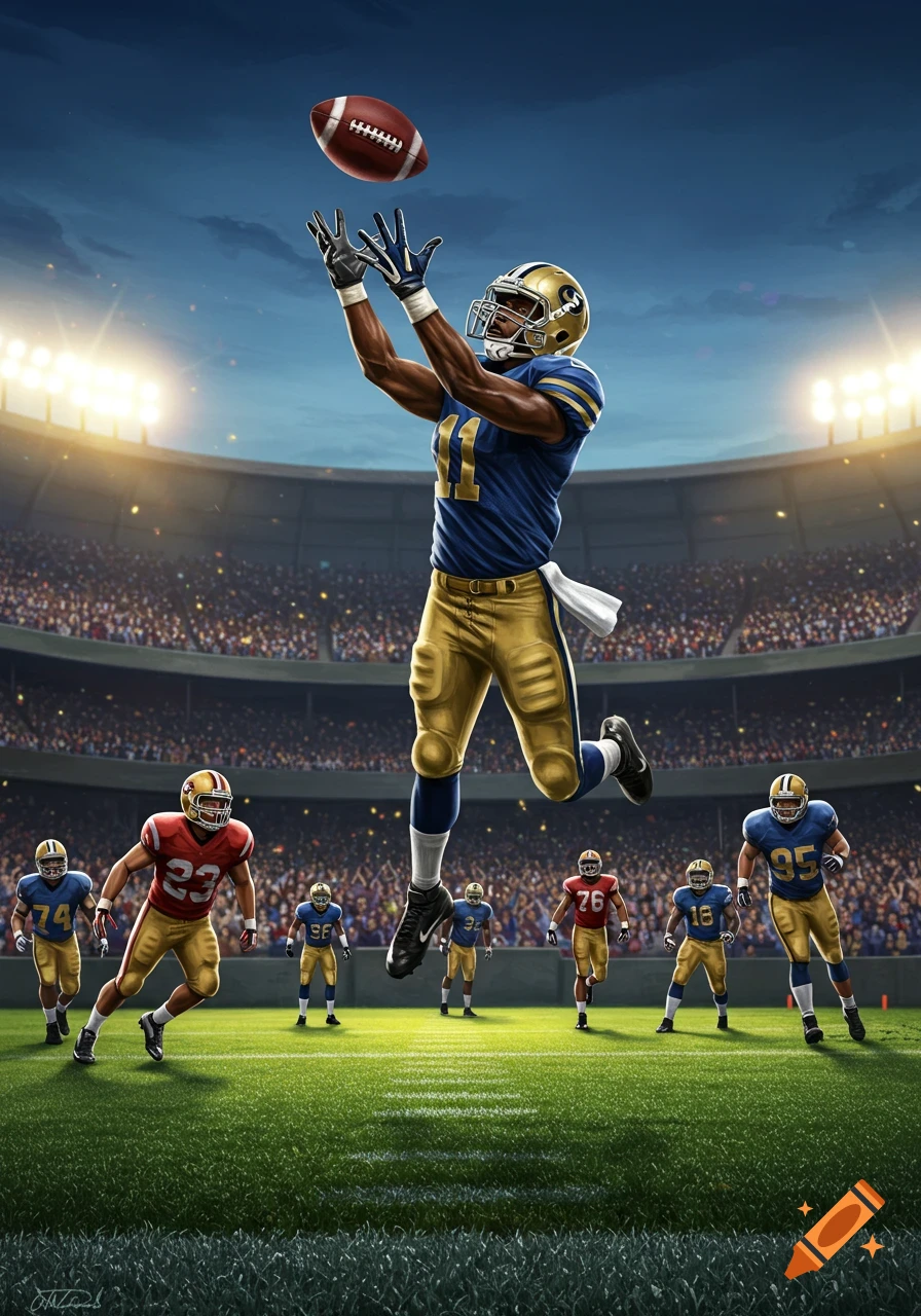 An American football player in a blue and gold uniform jumps to catch a football in a stadium, surrounded by other players.