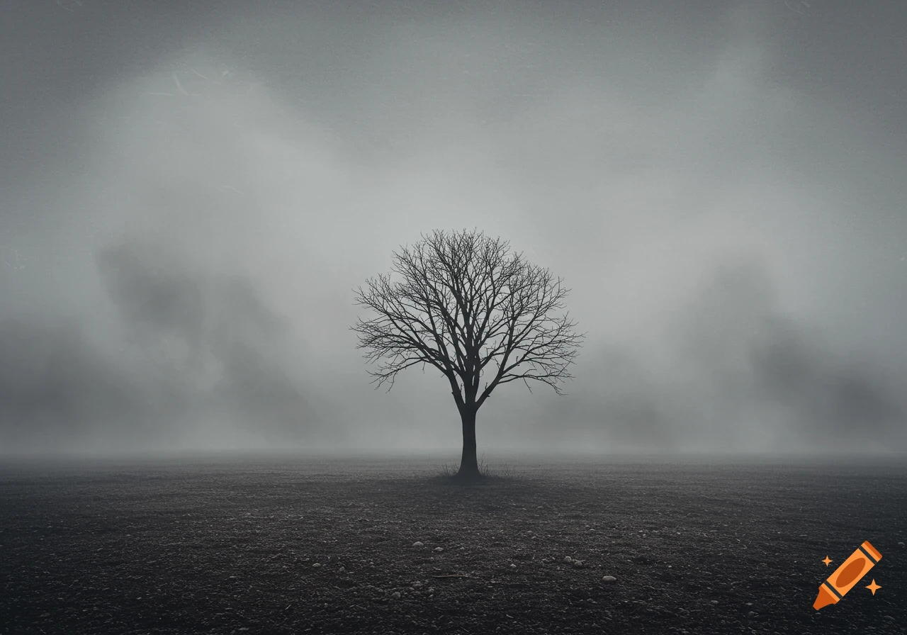 A single bare tree stands alone in a desolate, foggy monochrome landscape.