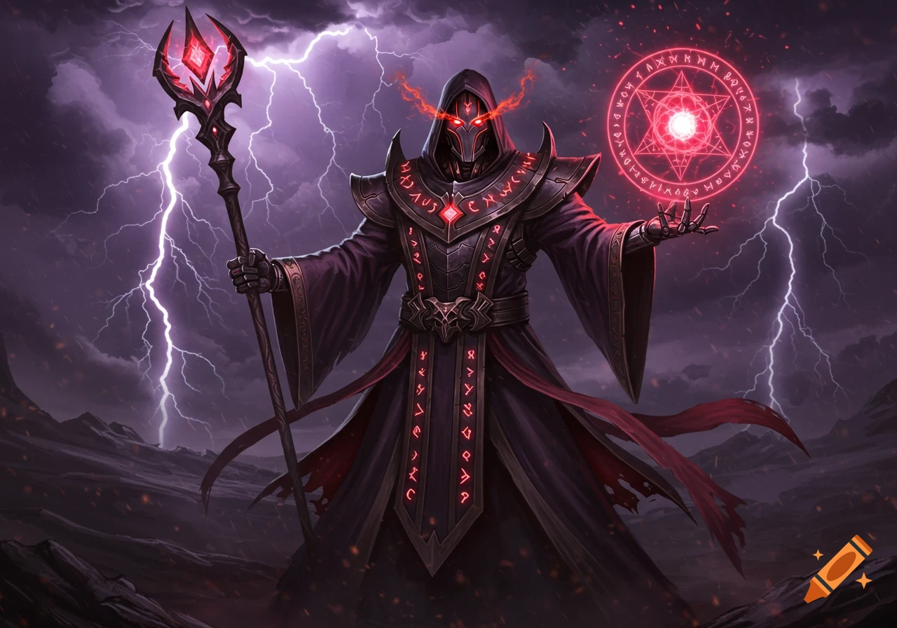 A dark wizard robot in a hooded robe holds a glowing staff and casts a red magic spell with lightning in the stormy sky.