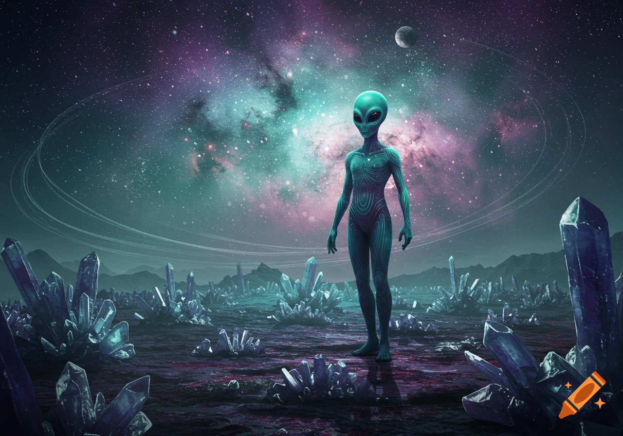 An alien stands on a purple and green crystal-covered planet under a colorful galaxy sky.