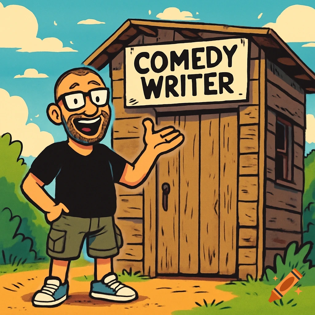 Cartoon of a smiling man in glasses pointing at a shed with a 'Comedy Writer' sign, in modern American comic style.