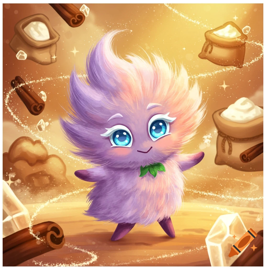 A cute fluffy purple creature with big blue eyes stands amidst floating cinnamon sticks and bags of sugar against a warm golden background.