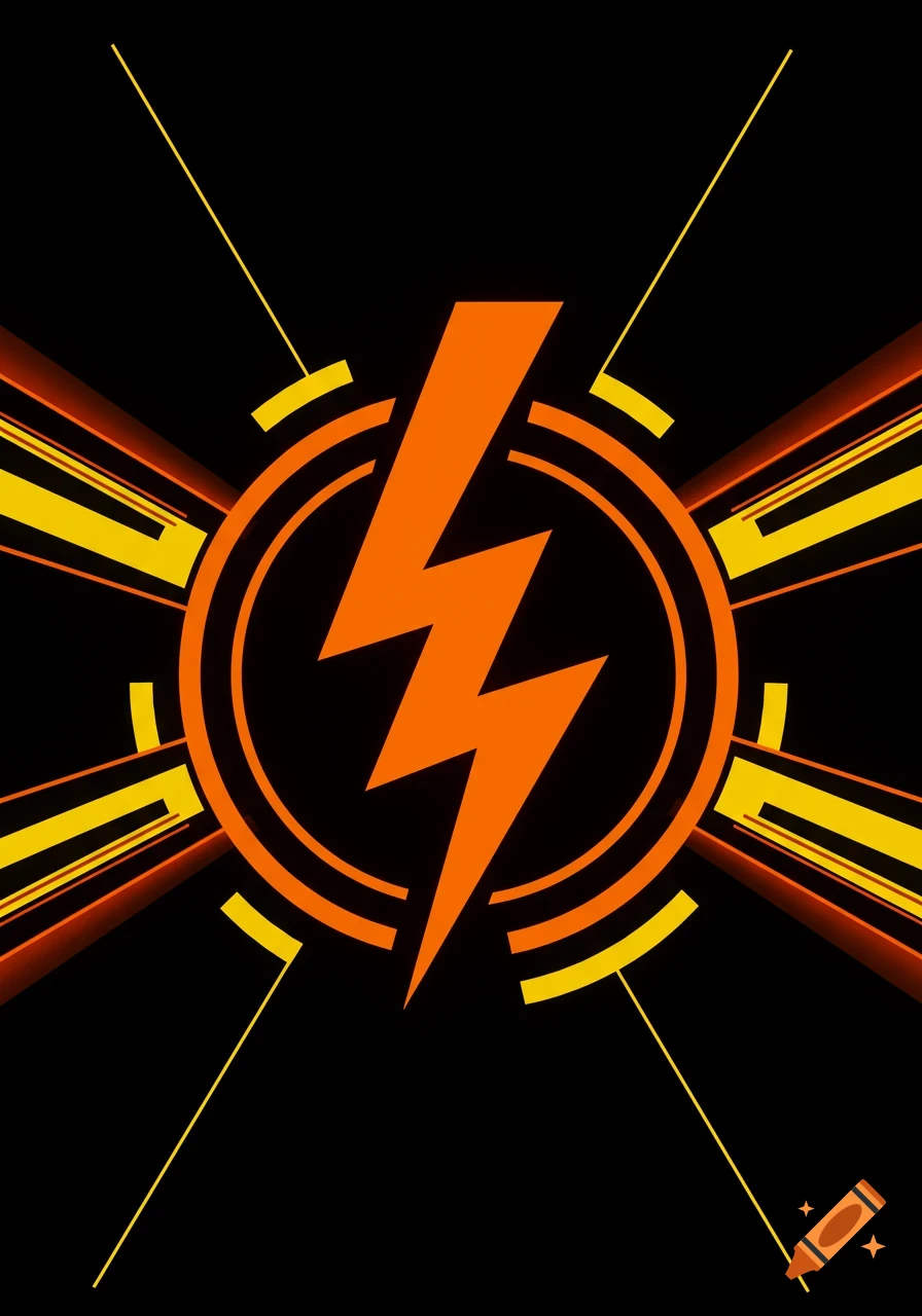 An orange lightning bolt symbol centered within concentric orange circles, surrounded by yellow and orange abstract lines on a black background.