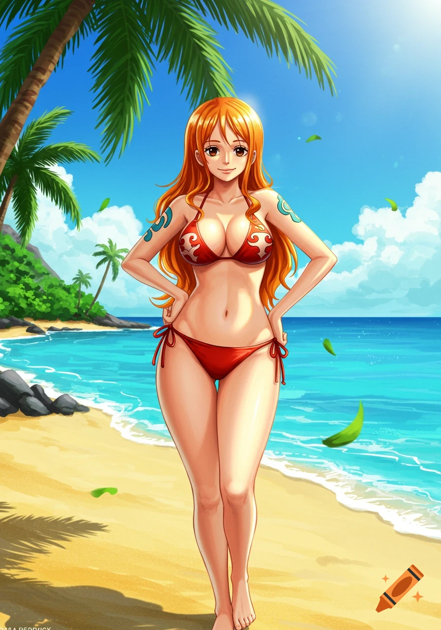 Nami from One Piece in a red bikini stands smiling on a sunny beach with palm trees and blue ocean.