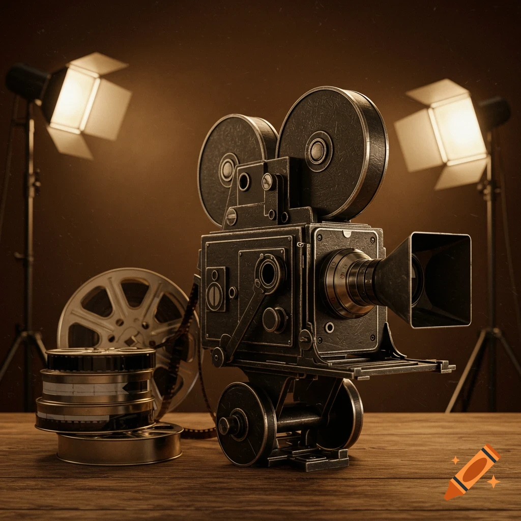 Photorealistic image of an old film camera, film reels, and two studio lights on a wooden surface, rendered in sepia tones.