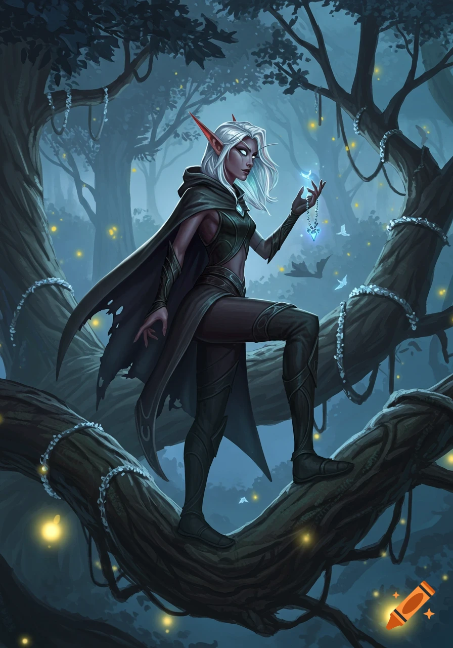 An elf woman with white hair and red-tipped ears stands on a large tree branch in a dark forest, holding a glowing blue pendant.