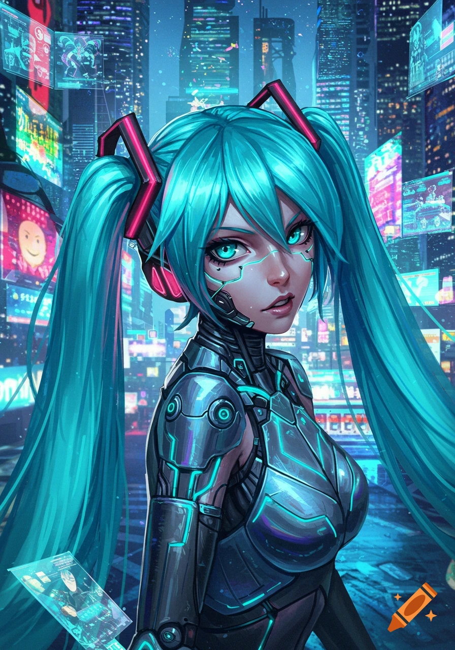 A blue-haired anime cyborg character, possibly Hatsune Miku, in a metallic suit with glowing accents, against a cyberpunk city skyline.