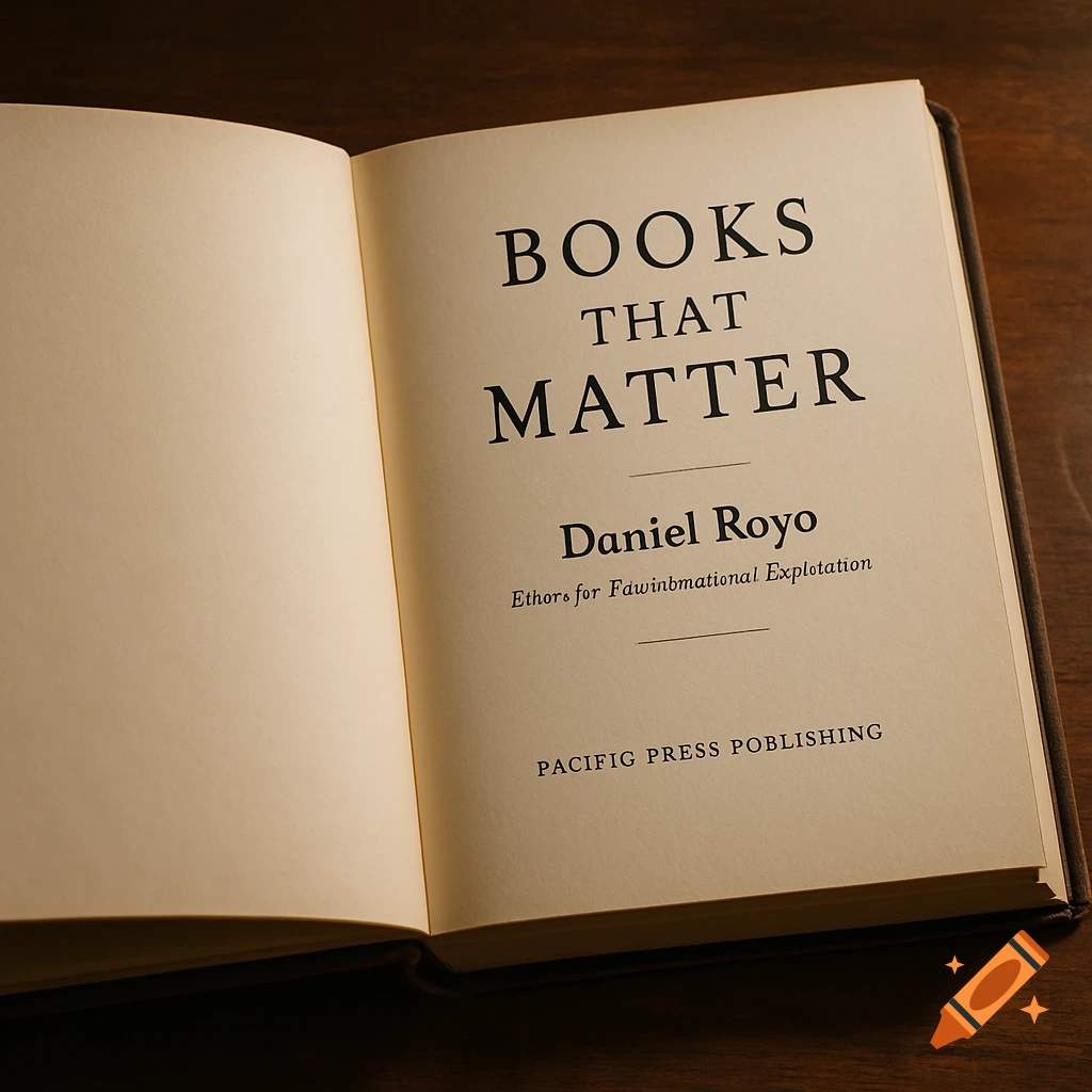 An overhead close-up of an open book on a wooden table, showing a blank left page and a title page on the right.