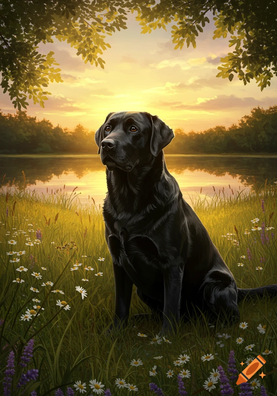 A black labrador sits regally in a field of wildflowers by a lake at sunset, surrounded by trees. Digital painting.