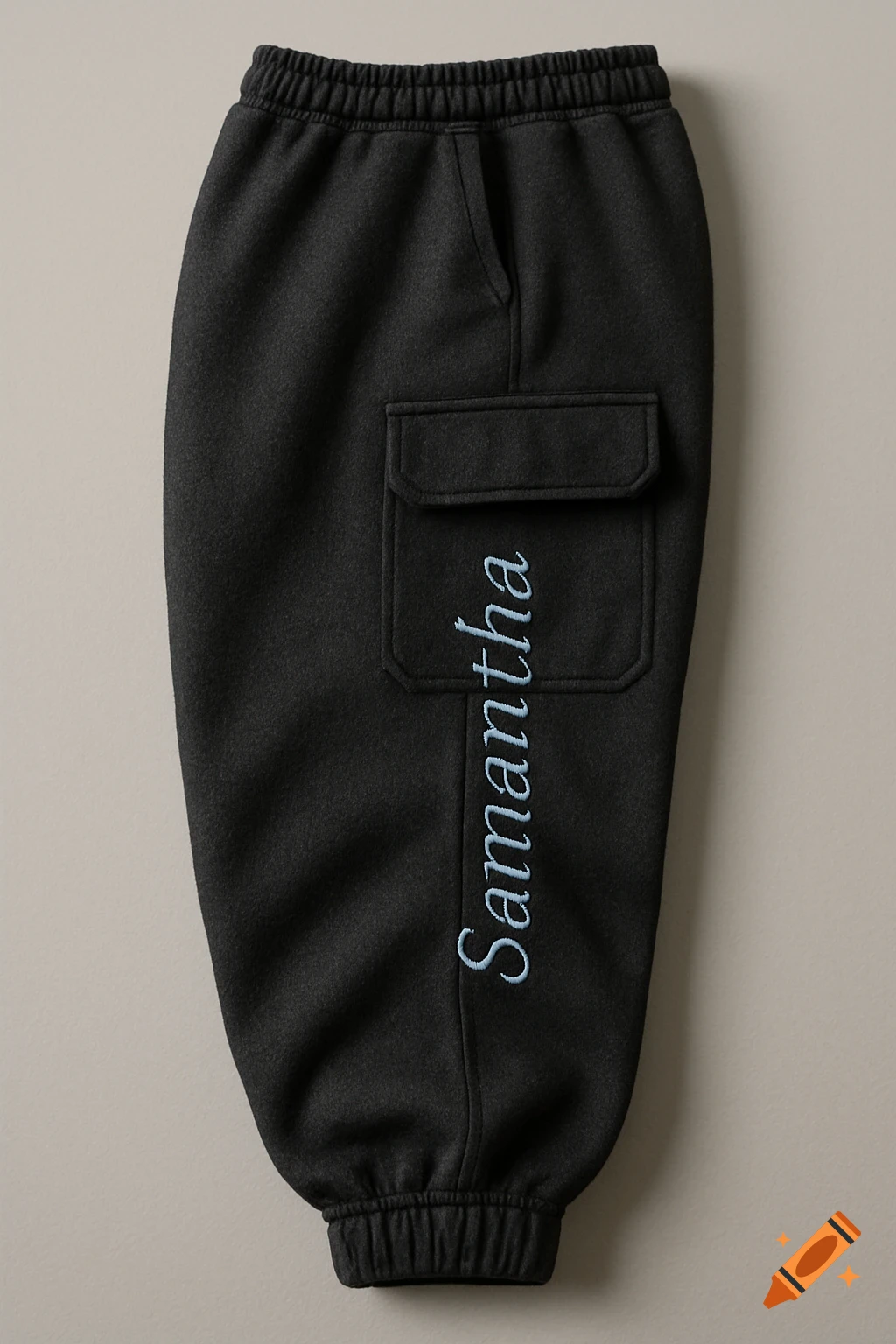 A pair of black cargo sweatpants with the name "Samantha" embroidered in light blue down the left leg.