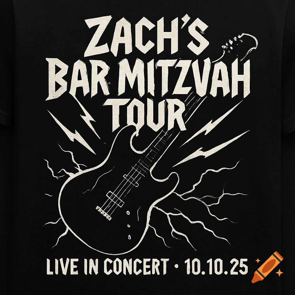 Black t-shirt design with white text 'ZACH'S BAR MITZVAH TOUR' and 'LIVE IN CONCERT 10.10.25' above and below a large electric guitar silhouette with lightning bolts.