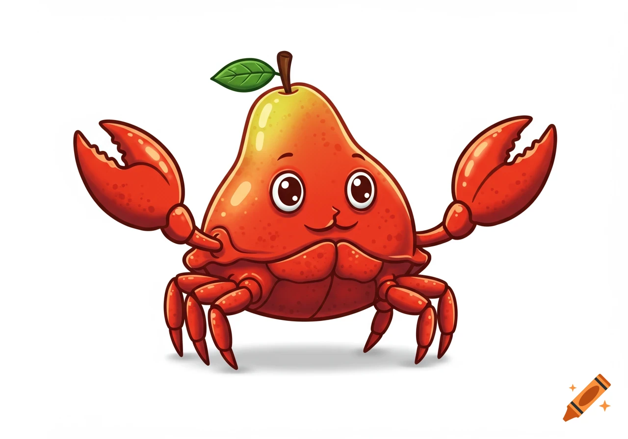 A cartoon red crab with a pear-shaped body, large eyes, and a leaf on its stem, on a white background.