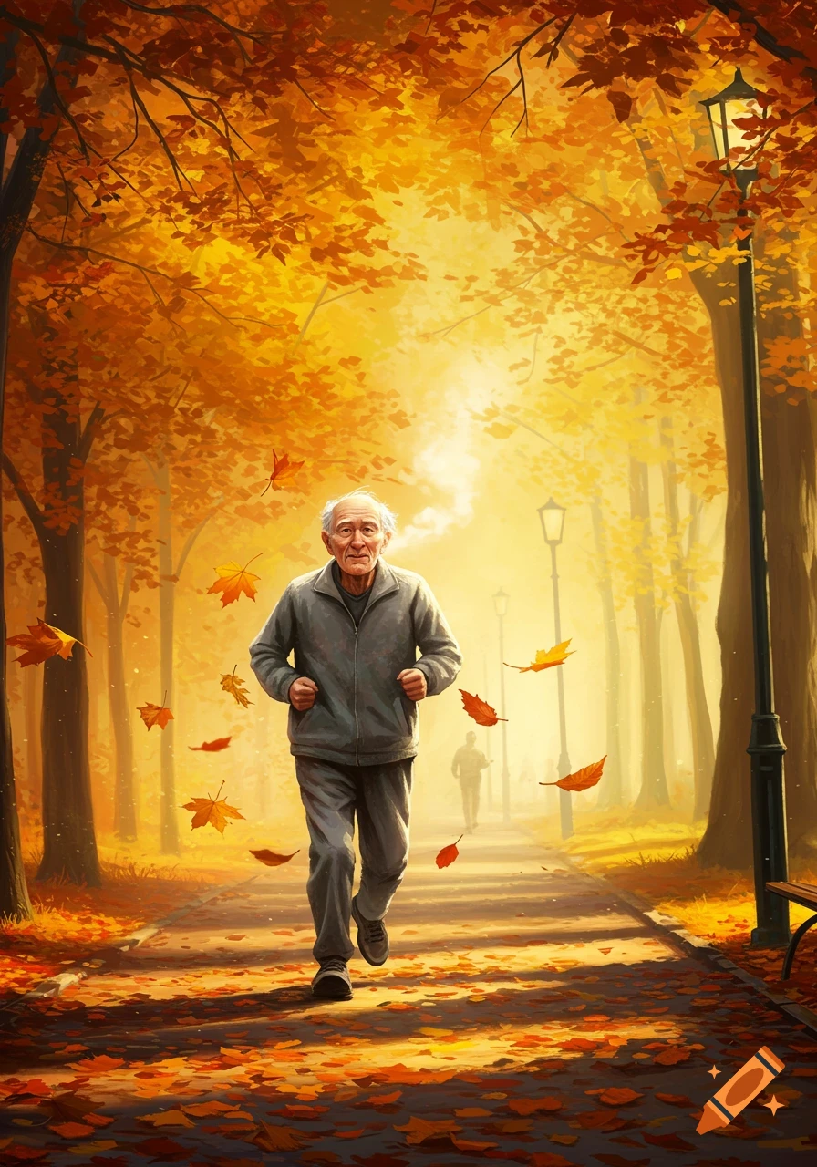 An elderly man jogs down a sunlit park path covered in golden autumn leaves, with vibrant orange and yellow trees lining the way.