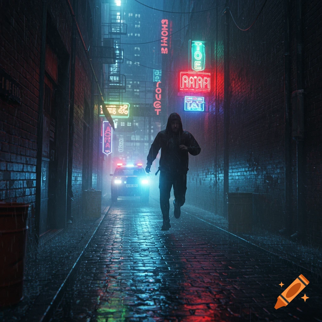 A person in a hoodie runs down a wet, neon-lit alley at night, away from a police car with flashing lights.