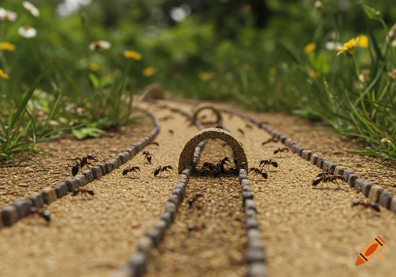 Ants are walking on a miniature dirt road with small stone barriers and arches, resembling a tiny highway, surrounded by green grass and flowers.