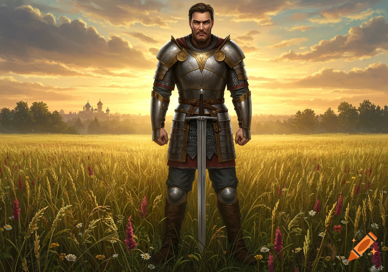 A medieval knight in full armor stands menacingly in a golden field with a sword at sunset, castle in distance.