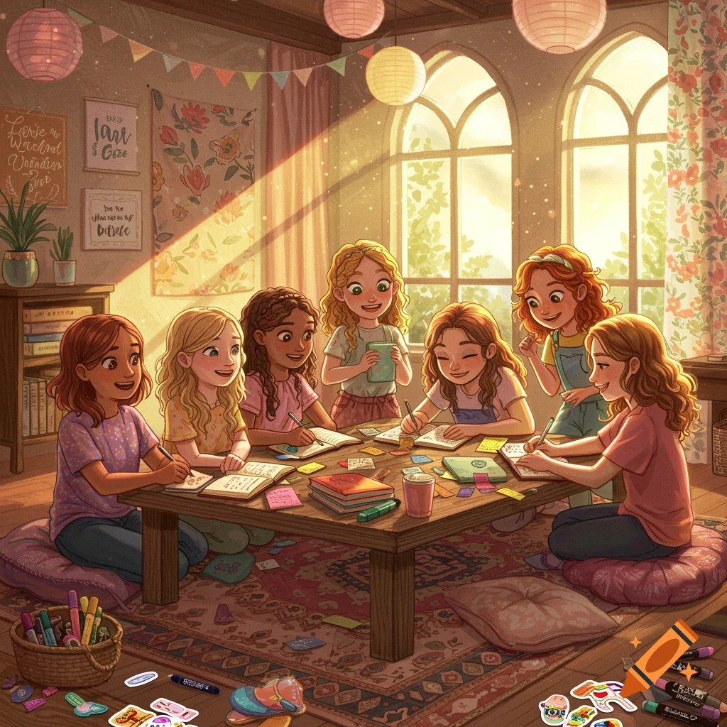 A group of diverse girls writing in journals around a table in a sunlit, cozy room, in a vibrant illustration style.