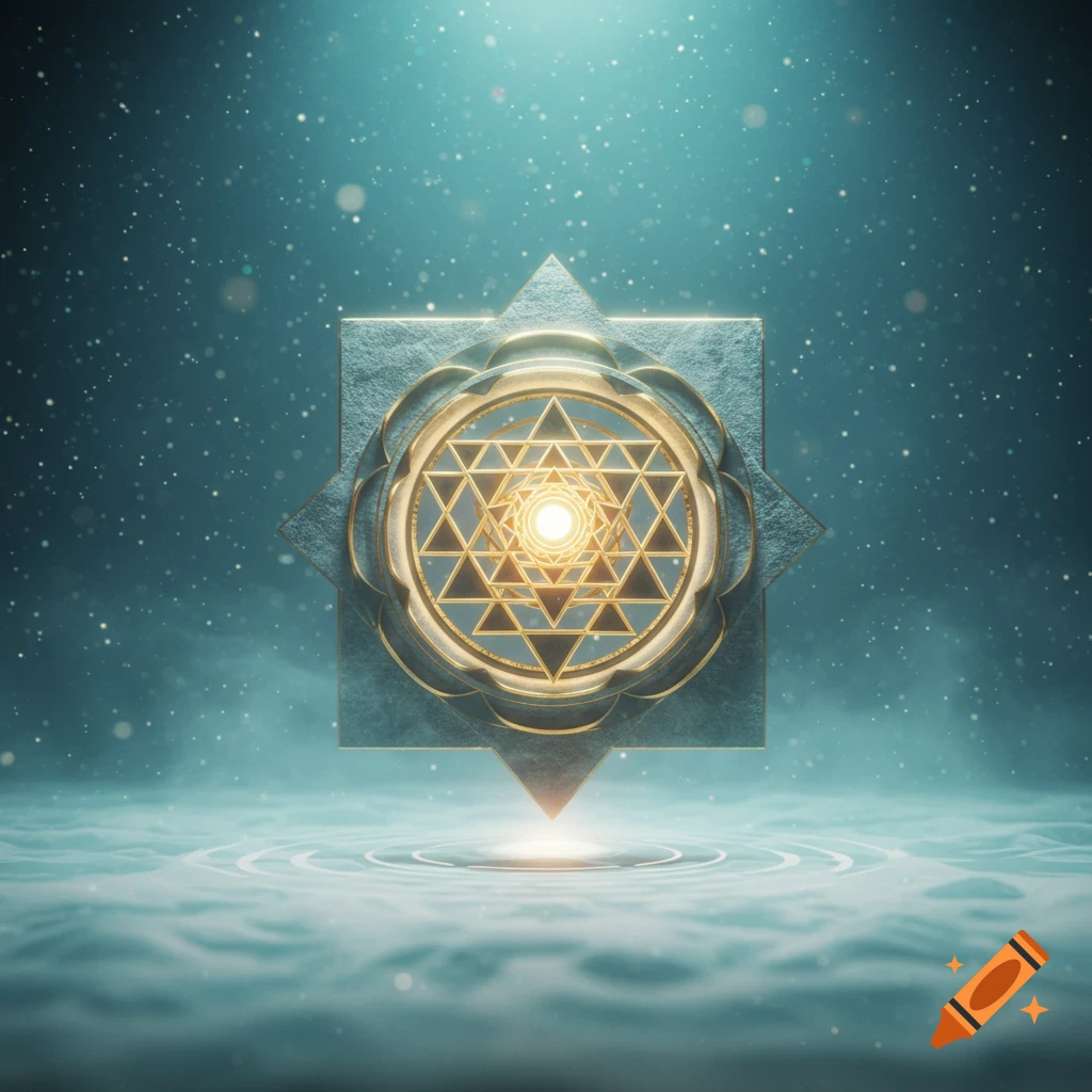 A glowing 3D Sri Chakra Yantra floats above rippling water in a mystical blue and gold setting.