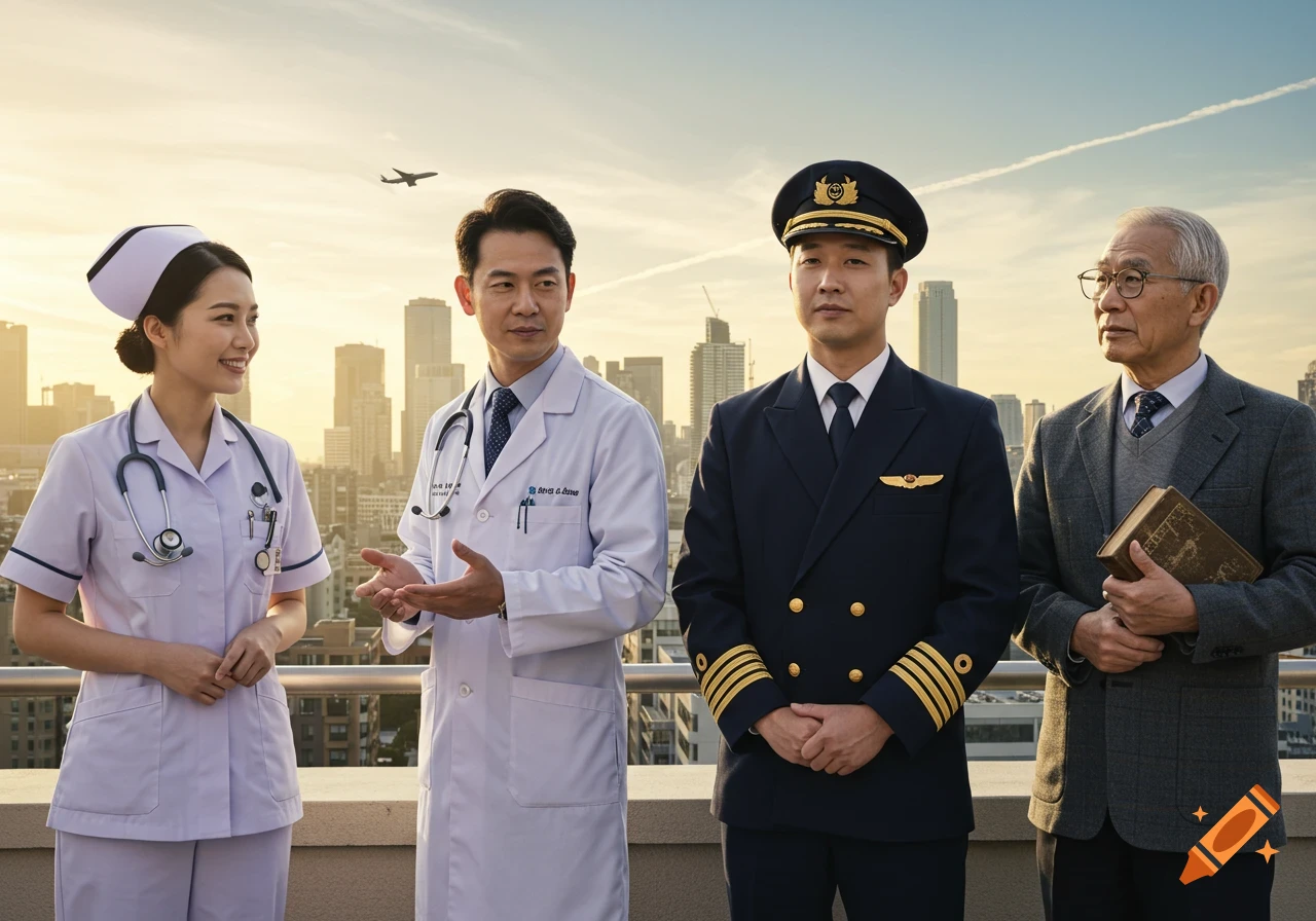 Four professionals: a nurse, doctor, pilot, and professor, standing on a city rooftop at sunset with a plane in the sky.