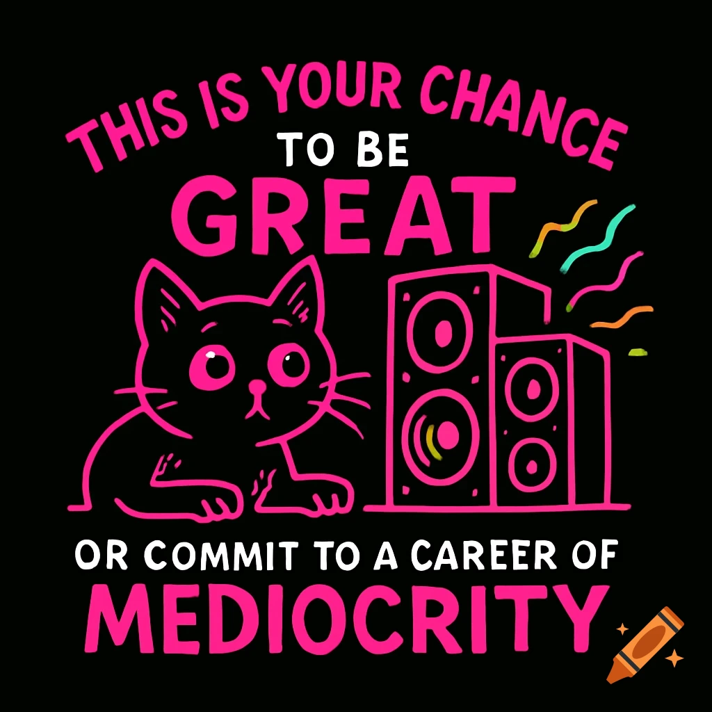 A hot pink cartoon cat listens to speakers next to text that reads 'This is your chance to be GREAT or commit to a career of MEDIOCRITY' on a black background.