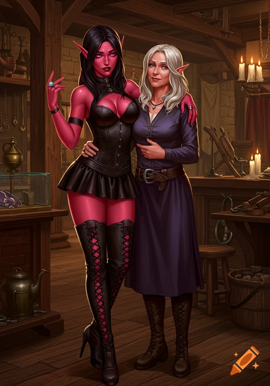 A red-skinned elf in a black corset and an older woman in a purple dress stand smiling in a medieval shop. Digital painting.