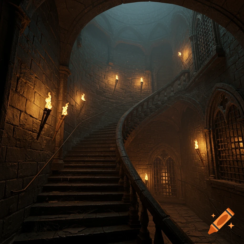 A dark, winding stone staircase in a medieval dungeon, illuminated by torches on the walls.