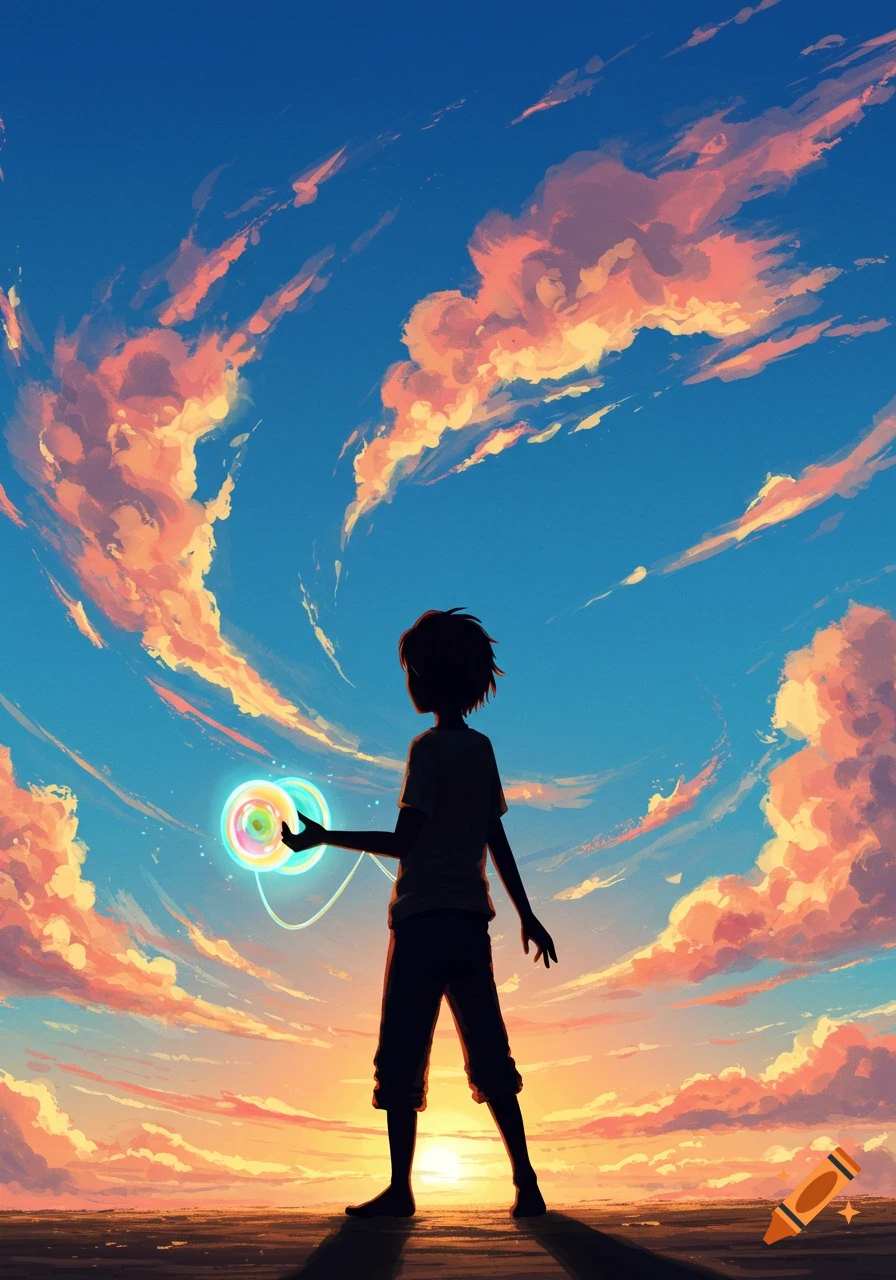 A silhouetted child stands against a vibrant sunset sky, holding a glowing, colorful yoyo-like object.
