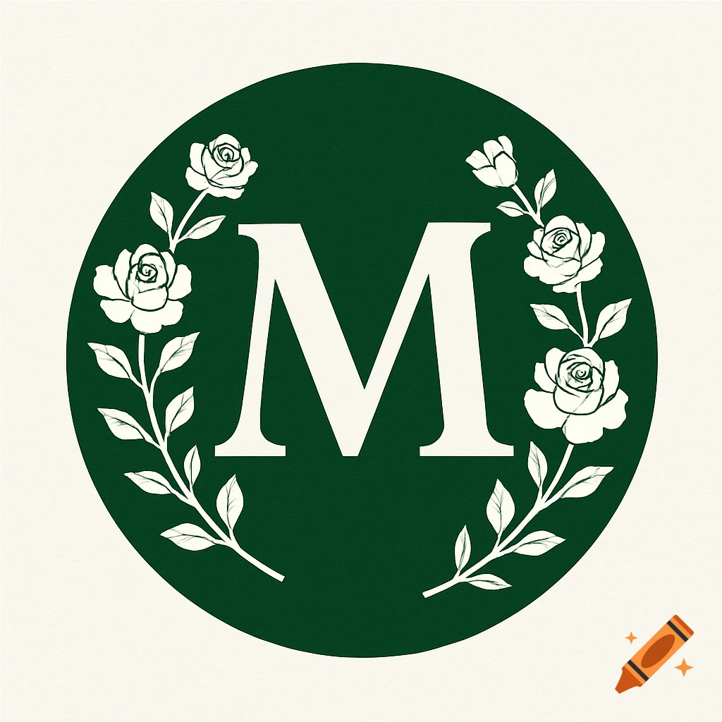 A dark green circular logo with a white letter M in the center, framed by white rose branches.