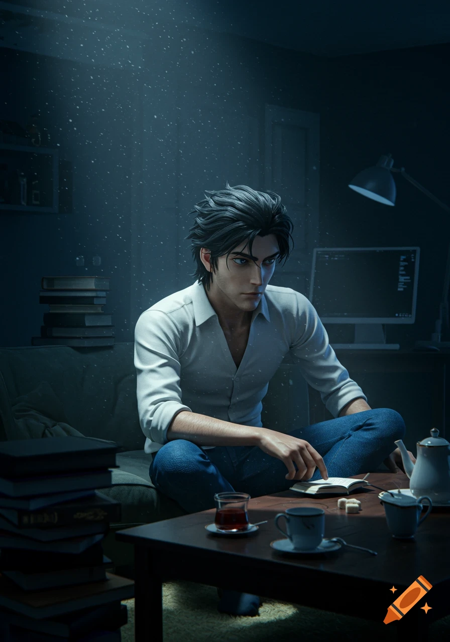 A stylized 3D rendered anime-like young man with dark hair sits on a couch, reading a book in a dimly lit room.