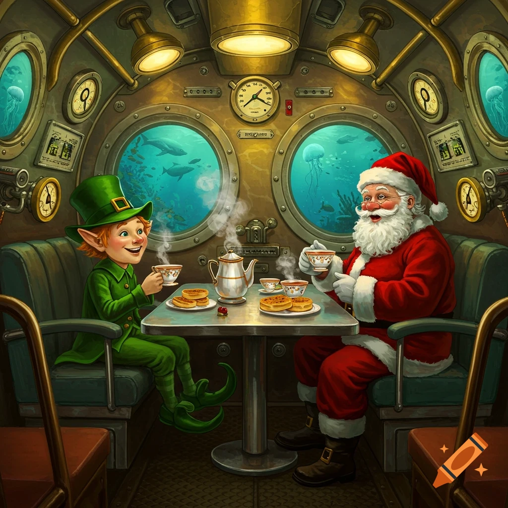 Santa and a leprechaun in a steampunk-style submarine having tea and pancakes, with portholes revealing jellyfish and fish underwater.