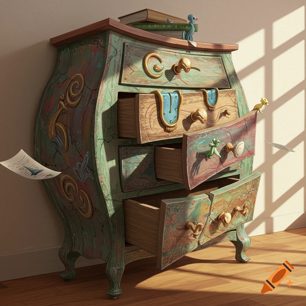 A surreal, distorted wooden dresser with melting clock-like handles and oddly opening drawers, illuminated by sunlight through a window.