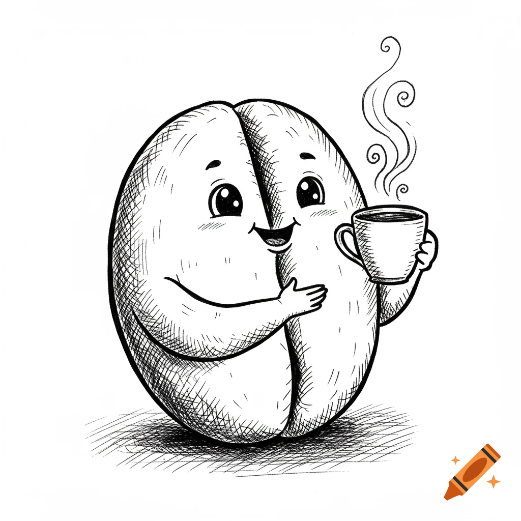 A happy, cartoon black and white coffee bean character holding a steaming cup.