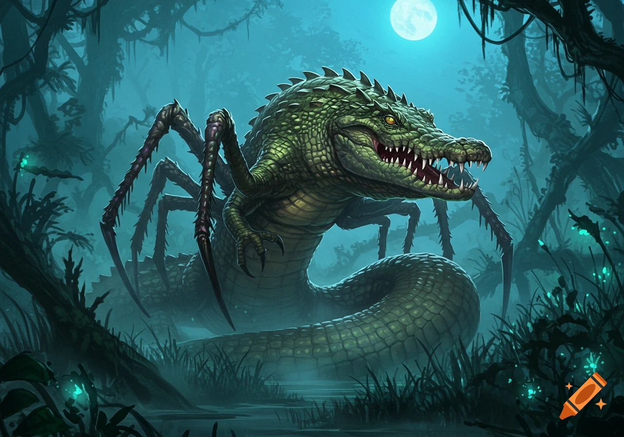 A terrifying green crocodile-spider-snake monster with glowing eyes, roaring in a misty, moonlit swamp at night, digital art.