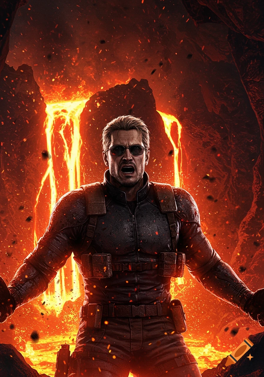 A man in tactical gear with sunglasses shouts amidst a volcanic eruption, surrounded by lava and fiery particles.