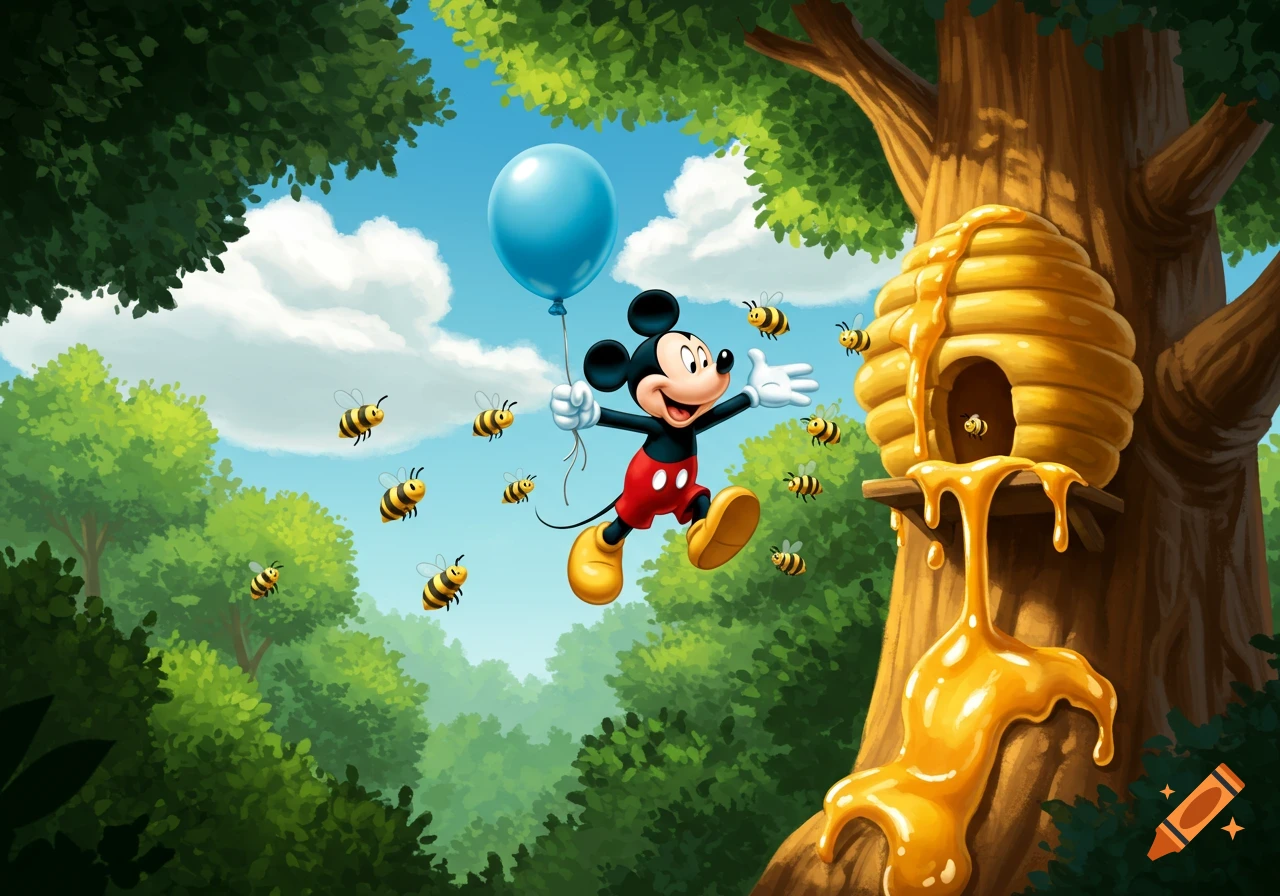Mickey Mouse floats with a blue balloon towards a honey-dripping beehive on a tree, surrounded by bees in a sunny forest.