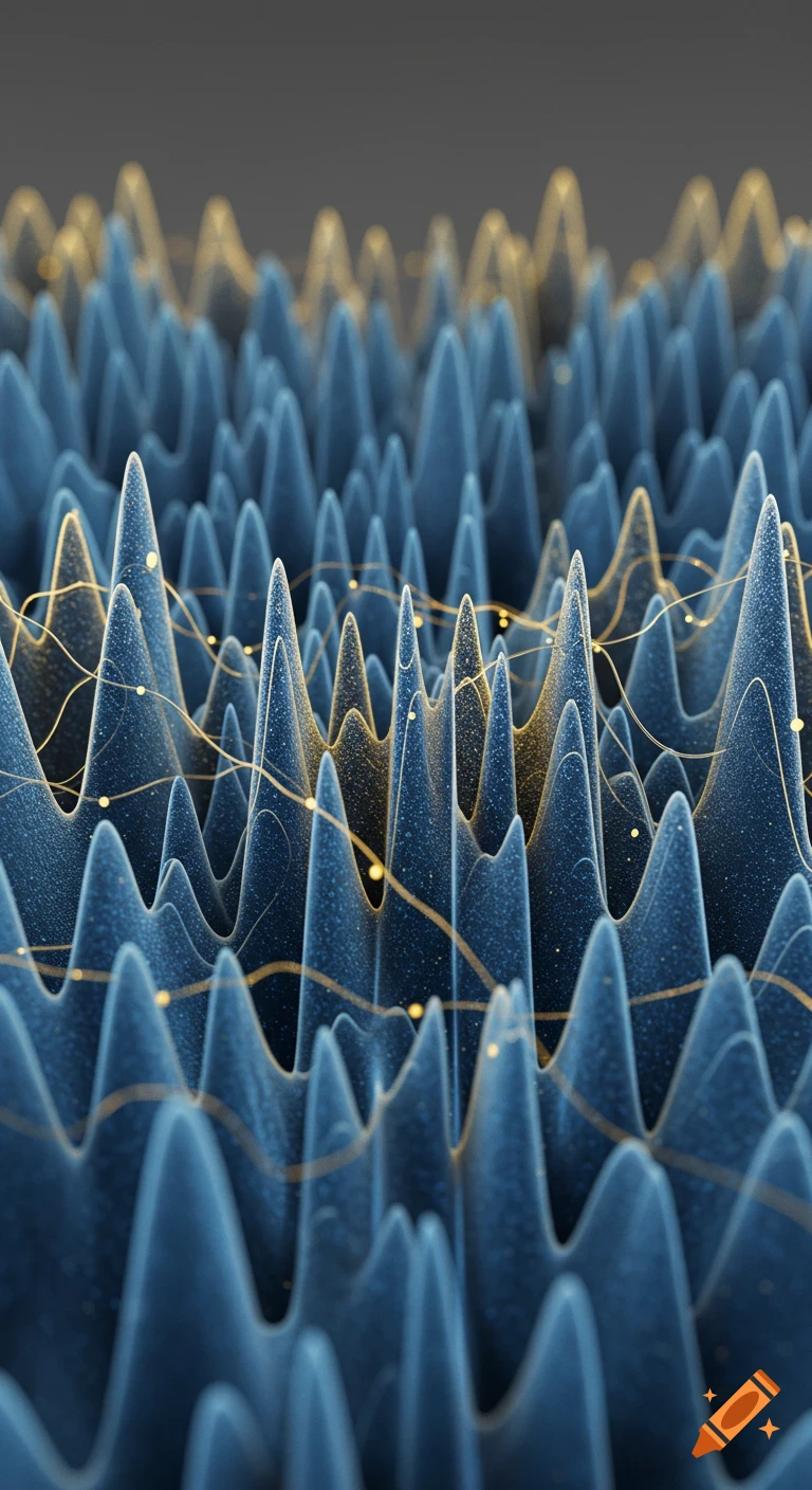 Close-up of numerous blue, textured, spiky abstract forms with glowing golden lines and dots weaving through them, on a dark background.