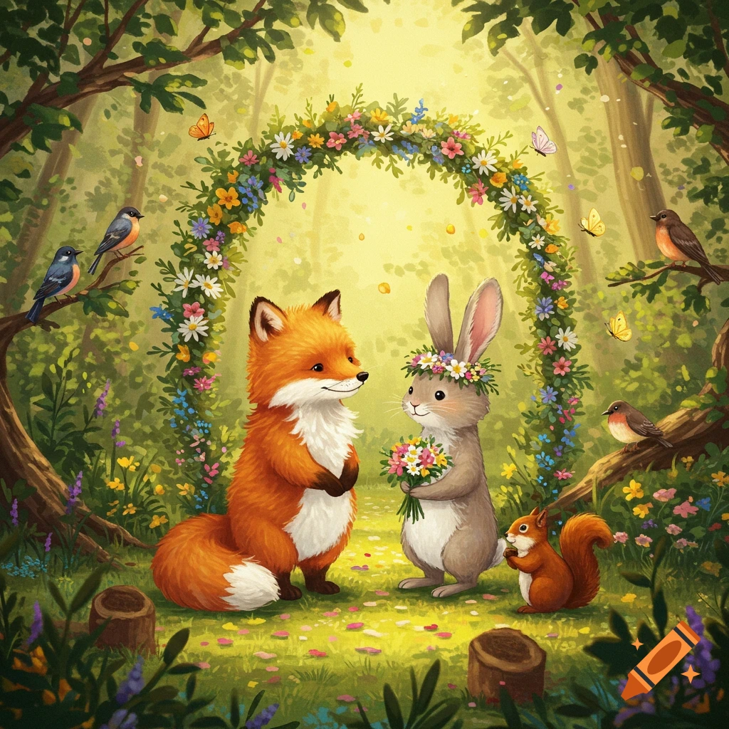 A whimsical illustration of a fox and a bunny with flower crowns and a bouquet in a sunny, flower-filled forest.