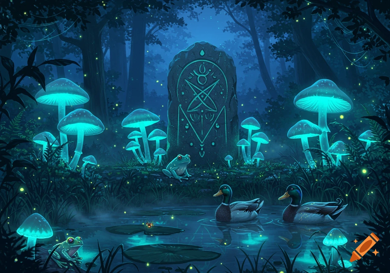 A mystical night forest scene with glowing blue mushrooms, two frogs, two ducks on a pond, and a stone monument with symbols.