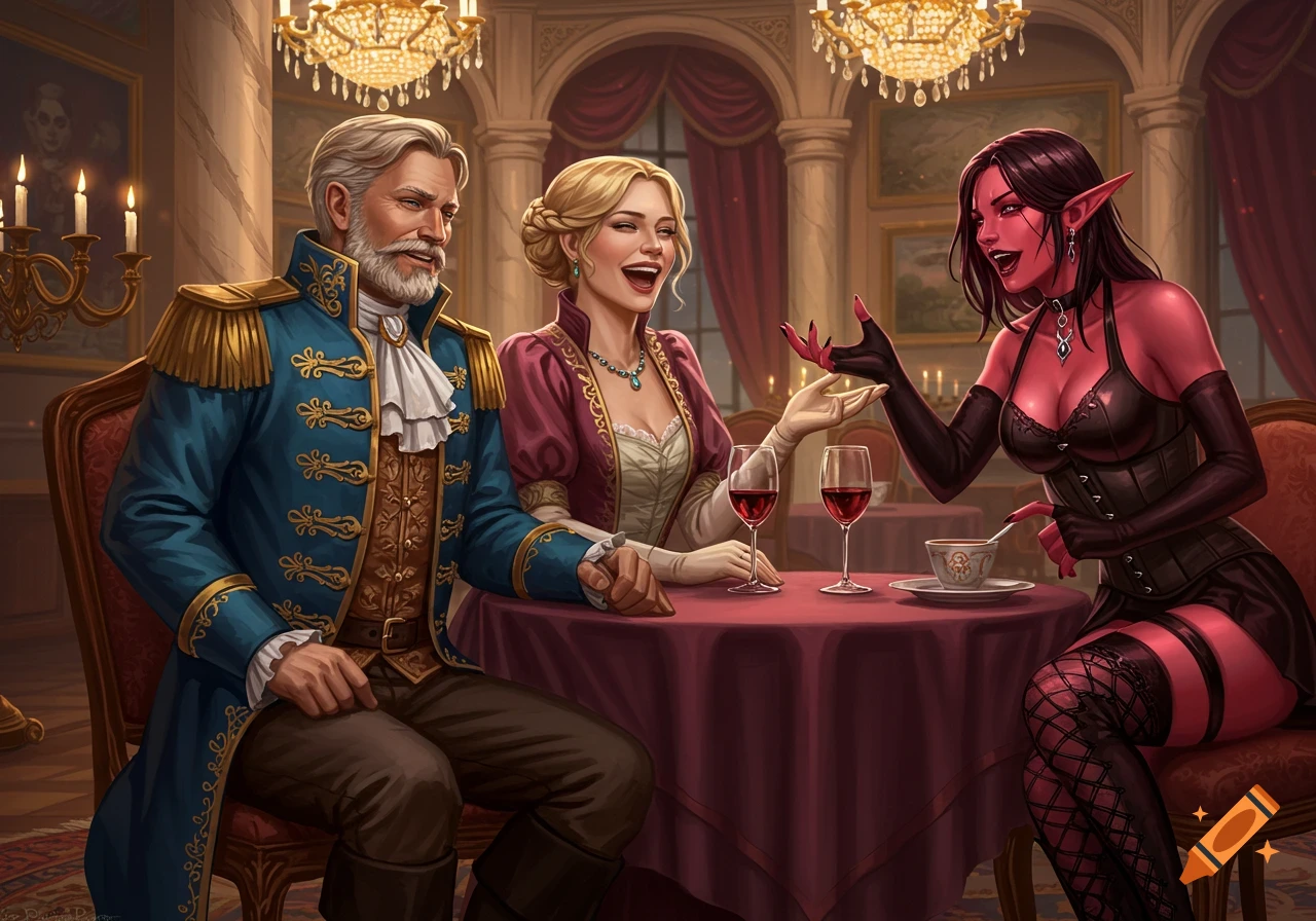 An older human couple and a red-skinned elf woman laugh and converse at a table in a fancy, chandelier-lit dining hall, in a painted style.