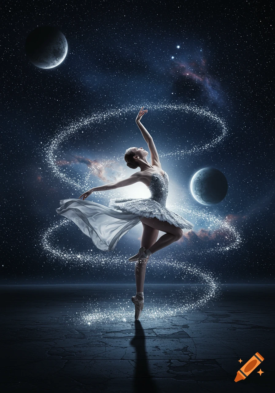 A ballerina in a sparkling white dress dances en pointe amidst a starry cosmos with planets and a glowing trail of light.
