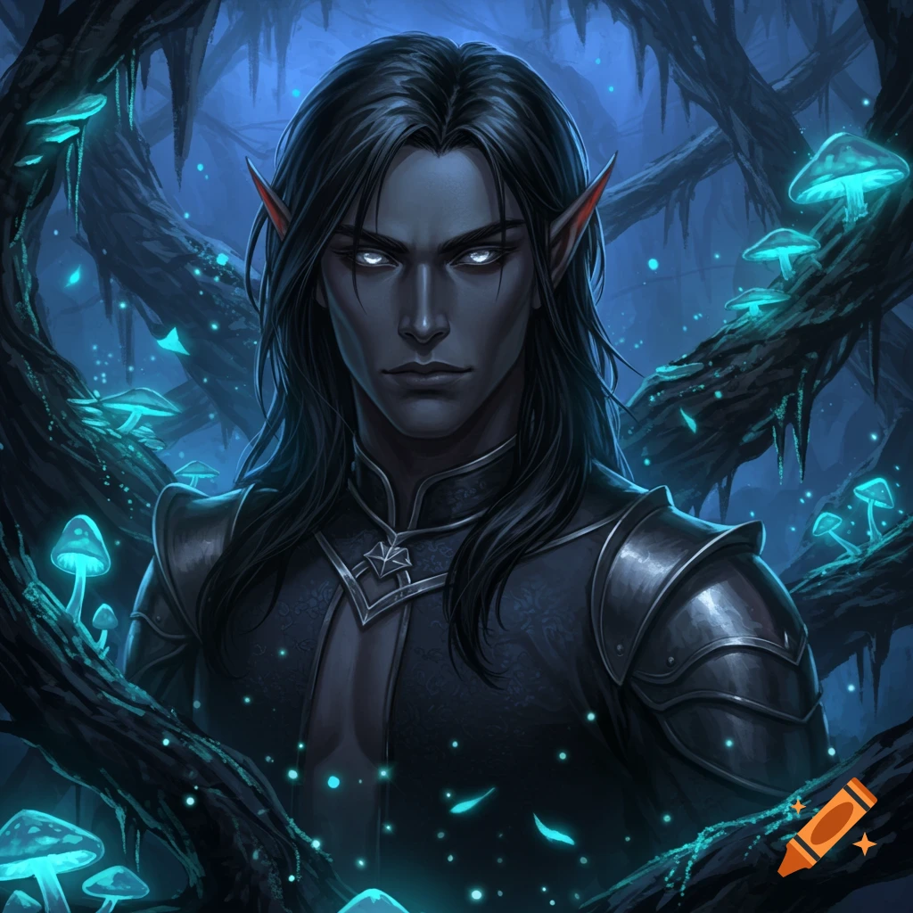A male dark elf with long black hair and glowing white eyes stands amidst bioluminescent mushrooms and dark roots in a forest.