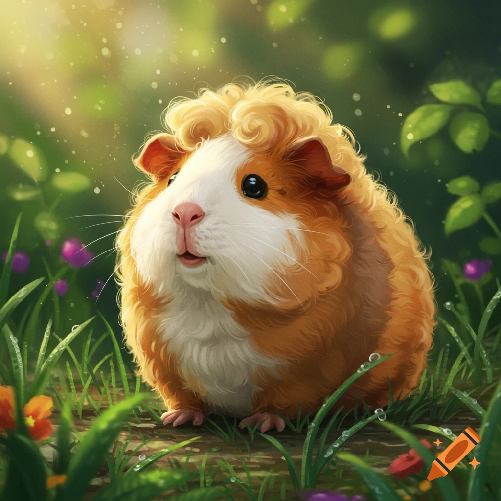 A fluffy, cute guinea pig with curly orange and white fur sits in a sunny green meadow with flowers.