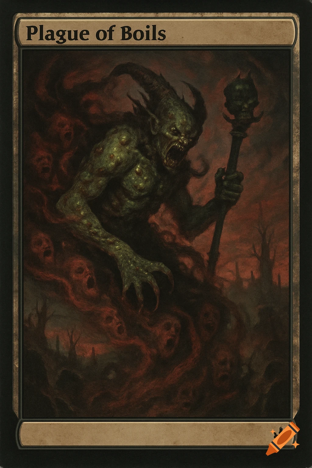 A dark fantasy trading card depicting a green, horned, demonic creature covered in boils, roaring and holding a skull-topped staff. Red mist with ghostly faces swirls around it in a desolate landscape with skeletal trees.