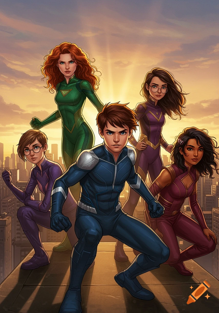 Five diverse young superheroes in colorful costumes pose on a rooftop at sunset, overlooking a city skyline, in a comic book art style.