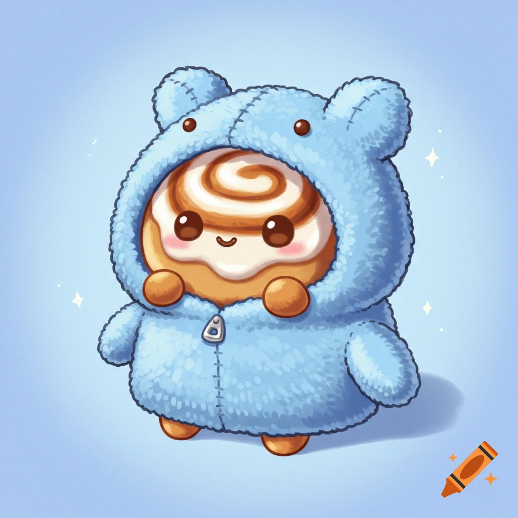 A cute, cartoon illustration of a happy cinnamon roll character wearing a fluffy blue bear costume with a zipper.