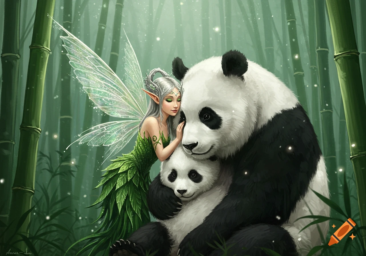 A fantasy illustration of a silver-haired fairy in a green leaf dress hugging a large panda and its cub in a lush bamboo forest.