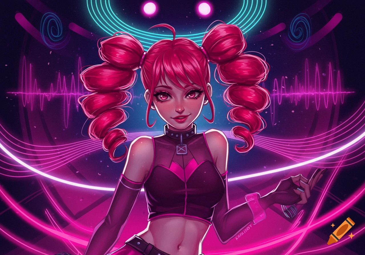 Vibrant anime character with pink pigtails and cybernetic clothing stands in front of a neon music background.